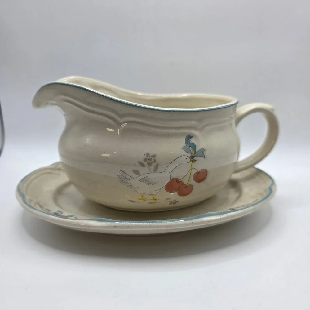 International China Co Marmalade Gravy Boat Saucer Set Vintage Goose Cherries